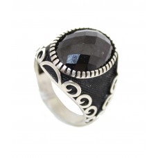 Ring Silver Sterling 925 Black Onyx Stone Men's Handmade Hand Engraved A939